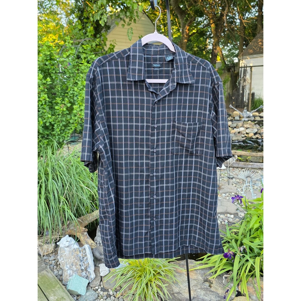 Van‎ Heusen Studio Mens Large Black Plaid Short Sleeve Button Down Shirt Modal L